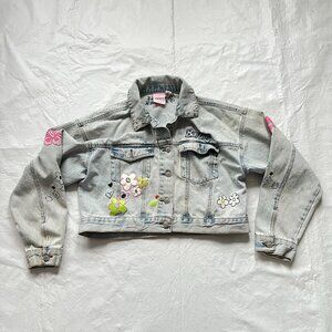 Barbie x Forever 21 denim jacket Medium distressed cropped floral painted